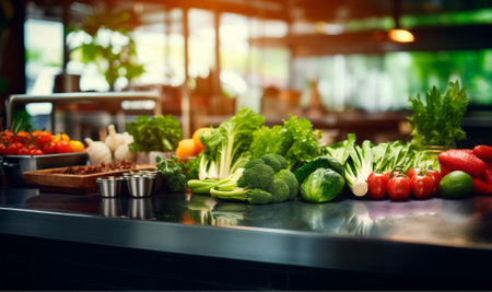 Empty metal table with fresh food ingredients, blurred professional restaurant kitchen background with vegetable assortment, copy space, AI generatedの素材