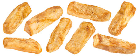 Grilled chicken sticks isolated on white backgroundの写真素材