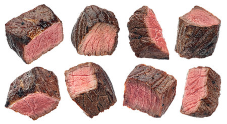 Medium rare steak pieces, sliced grilled beef cubes isolated on white backgroundの写真素材