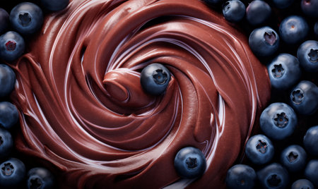 Chocolate cream swirl texture with fresh blueberries, AI generatedの素材