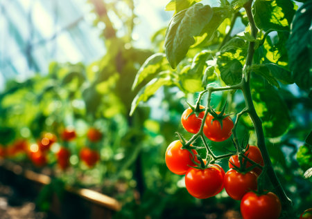 Organic tomatoes cultivation, greenhouse background, AI generatedの素材