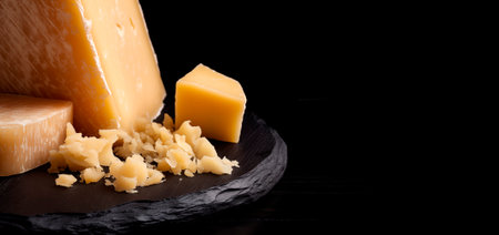 Cheese on dark wooden board over black background, copy space for text, AI generatedの素材