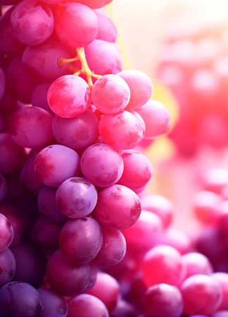 Grape bunch closeup on blurred vineyard background with copy space, AI generatedの素材