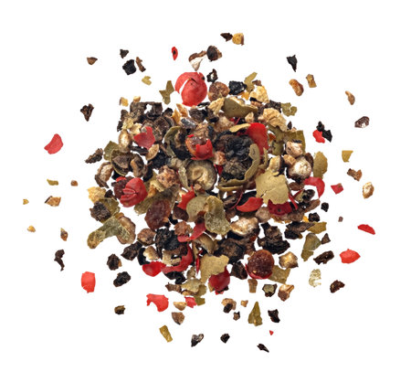 Ground peppercorn heap isolated on white backgroundの写真素材