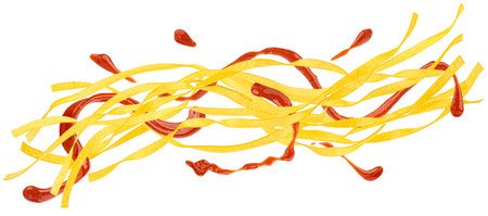 Falling Fettuccine pasta with tomato sauce splash and basil leaves isolated on white backgroundの写真素材