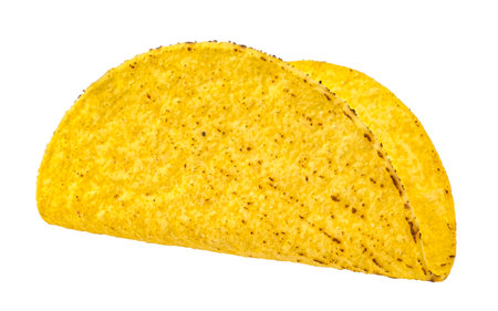 One empty corn taco shell isolated on white backgroundの写真素材