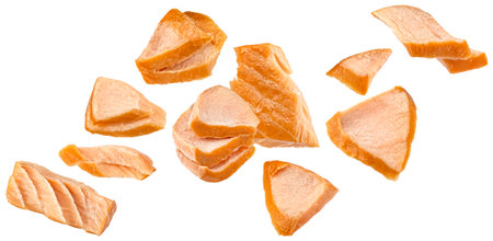 Hot smoked salmon pieces isolated on white backgroundの写真素材