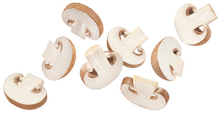 Brown champignon mushroom slices isolated on white backgroundの写真素材