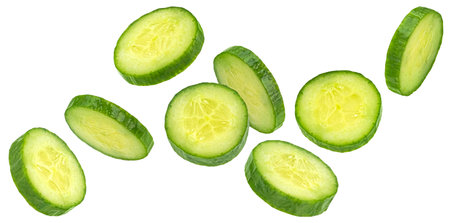 Fresh cucumber slices isolated on white backgroundの写真素材