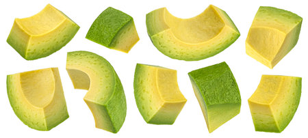 Avocado slices isolated on white backgroundの写真素材