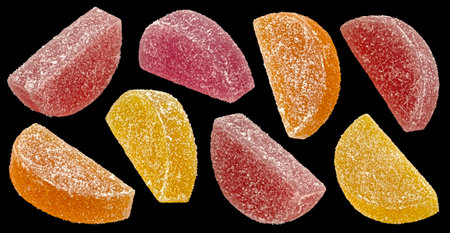 Orange and lemon marmalade candies, citrus jelly sweets isolated on black backgroundの写真素材