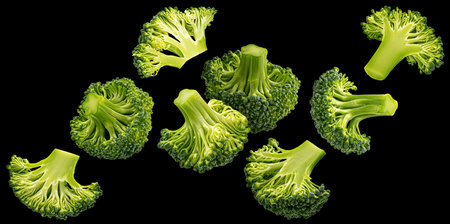 Falling broccoli isolated on black backgroundの写真素材