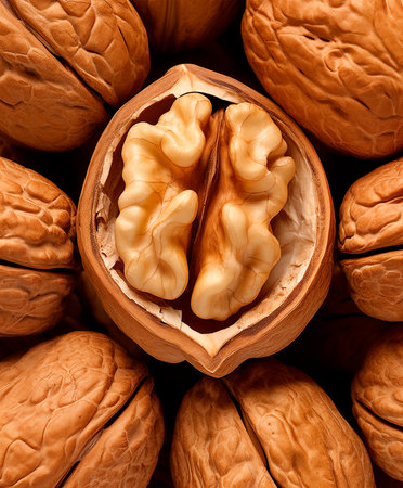 Walnut background, top view, close up texture, AI generatedの素材