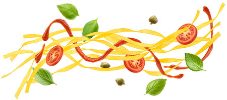 Falling Fettuccine pasta with tomato sauce and basil leaves isolated on white backgroundの写真素材