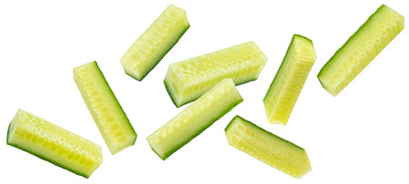 Fresh cucumber sticks isolated on white backgroundの写真素材