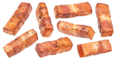 Fried Italian pancetta isolated on white backgroundの写真素材