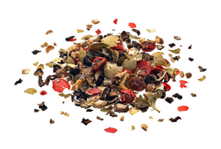 Ground peppercorn heap isolated on white backgroundの写真素材
