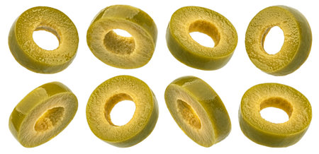 Green olive slices isolated on white background .の写真素材