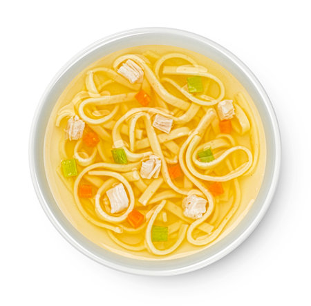 Instant chicken noodle soup isolated on white background.の写真素材