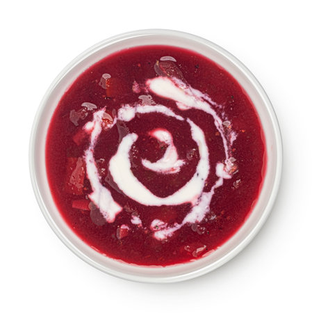 Borscht with sour cream, beetroot soup isolated on white background, top viewの写真素材