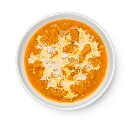 Thai cream soup with coconut milk isolated on white background, top viewの写真素材