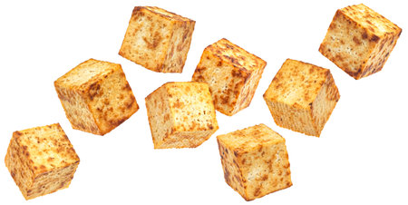 Falling fried tofu cubes isolated on white backgroundの写真素材