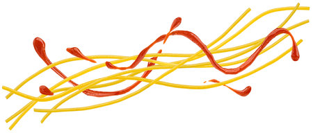 Spaghetti with tomato sauce, falling pasta ingredients isolated on white backgroundの写真素材