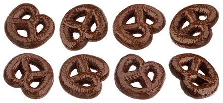 Chocolate covered pretzels isolated on white backgroundの写真素材