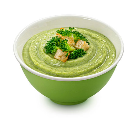 Broccoli cream soup with croutons isolated on white background, full depth of field, package design elementの写真素材