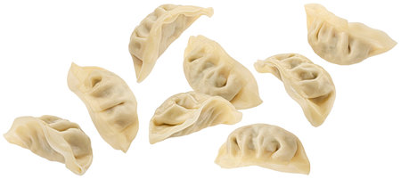 Falling Chinese Gyoza dumplings Isolated on white backgroundの写真素材