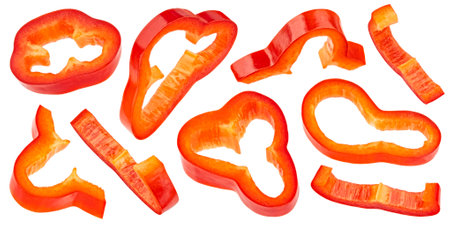 Sweet bell pepper slices, chopped paprika isolated on white backgroundの写真素材