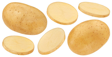 Whole and sliced potatoes isolated on white backgroundの写真素材