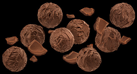 Falling chocolate balls isolated on black backgroundの写真素材