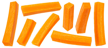 Fresh carrot sticks isolated on white backgroundの写真素材
