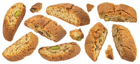 Cantuccini biscuits, Italian almond cookies with pistachio nuts isolated on white backgroundの写真素材