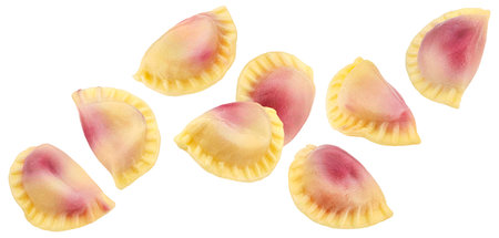 Traditional vareniki with red berry filling isolated on white backgroundの写真素材