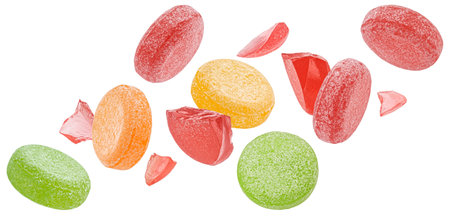 Fruit caramel, hard candy collection, round sweet lollipops isolated on white backgroundの写真素材