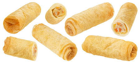 Traditional fried spring rolls isolated on white backgroundの写真素材