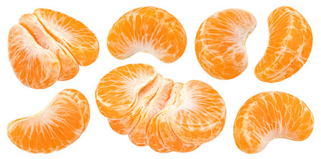 Tangerine segments, peeled mandarins isolated on white backgroundの写真素材