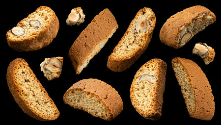Falling cantuccini biscuits, Italian almond cookies on black backgroundの写真素材