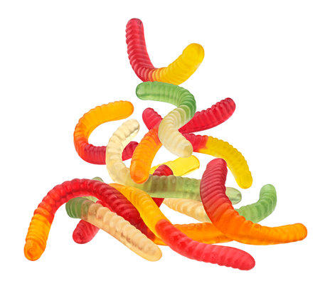 Gummy worm candies isolated on white background, full depth of fieldの写真素材