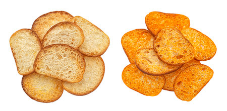 Bruschetta crackers, heap of bread croutons isolated on white background, top viewの写真素材