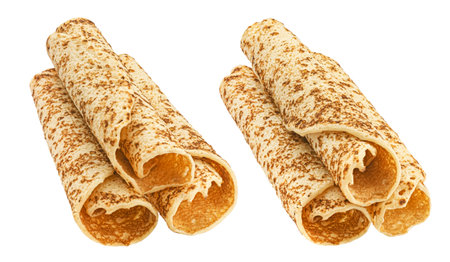 Crepes, thin pancake rolls isolated on white background with clipping path, full depth of fieldの写真素材