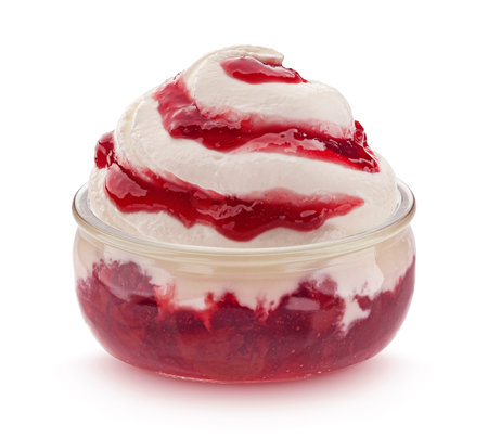 Yogurt with berry jam isolated on white background with clipping pathの写真素材
