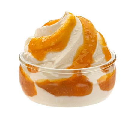 Glass jar of yogurt with peach jam isolated on white background with clipping path, full depth of fieldの写真素材