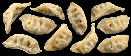 Chinese Gyoza dumplings isolated on black background, package design elementsの写真素材