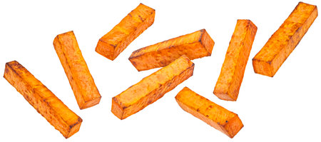 Baked sweet potato sticks isolated on white background with clipping path, full depth of fieldの写真素材