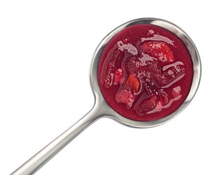 Borscht in spoon, beetroot soup isolated on white background, top viewの写真素材