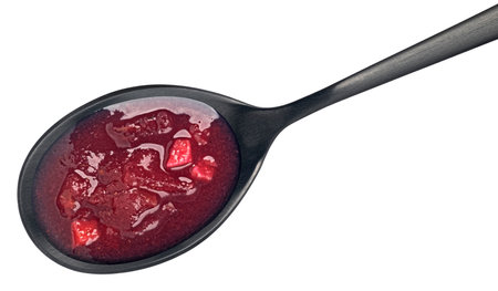 Borscht in black spoon, beetroot soup isolated on white background, top viewの写真素材