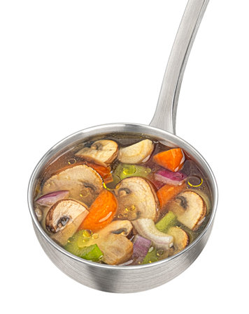 Ladle with mushroom soup, champignon broth isolated on white background, full depth of field, package design elementの写真素材